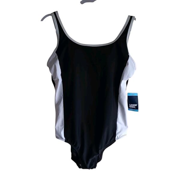 Lands' End One-Piece Swimsuit Women's Scoop Neck Black White Side Stripe Large - Picture 1 of 7